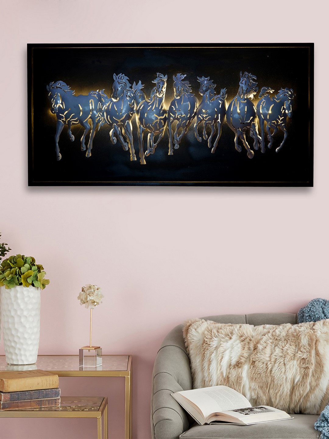eCraftIndia Silver 7 Running Horses Wall Hanging with LED, Black