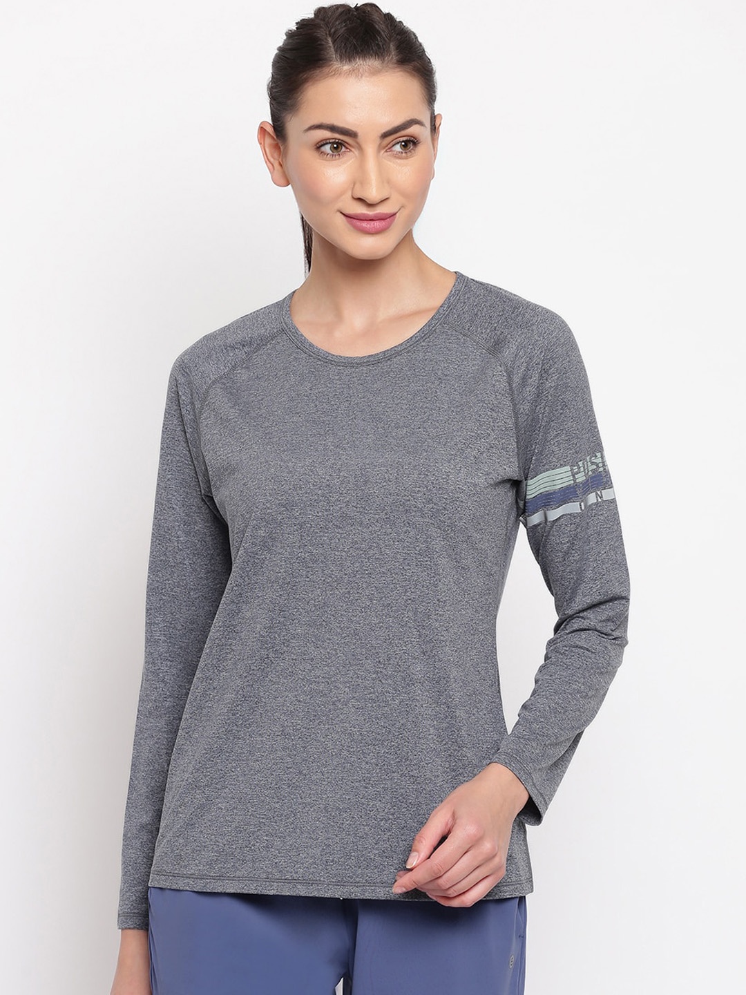 

Enamor Women Navy Blue Solid Slim Fit Long Sleeve Active T-shirt, Grey melange