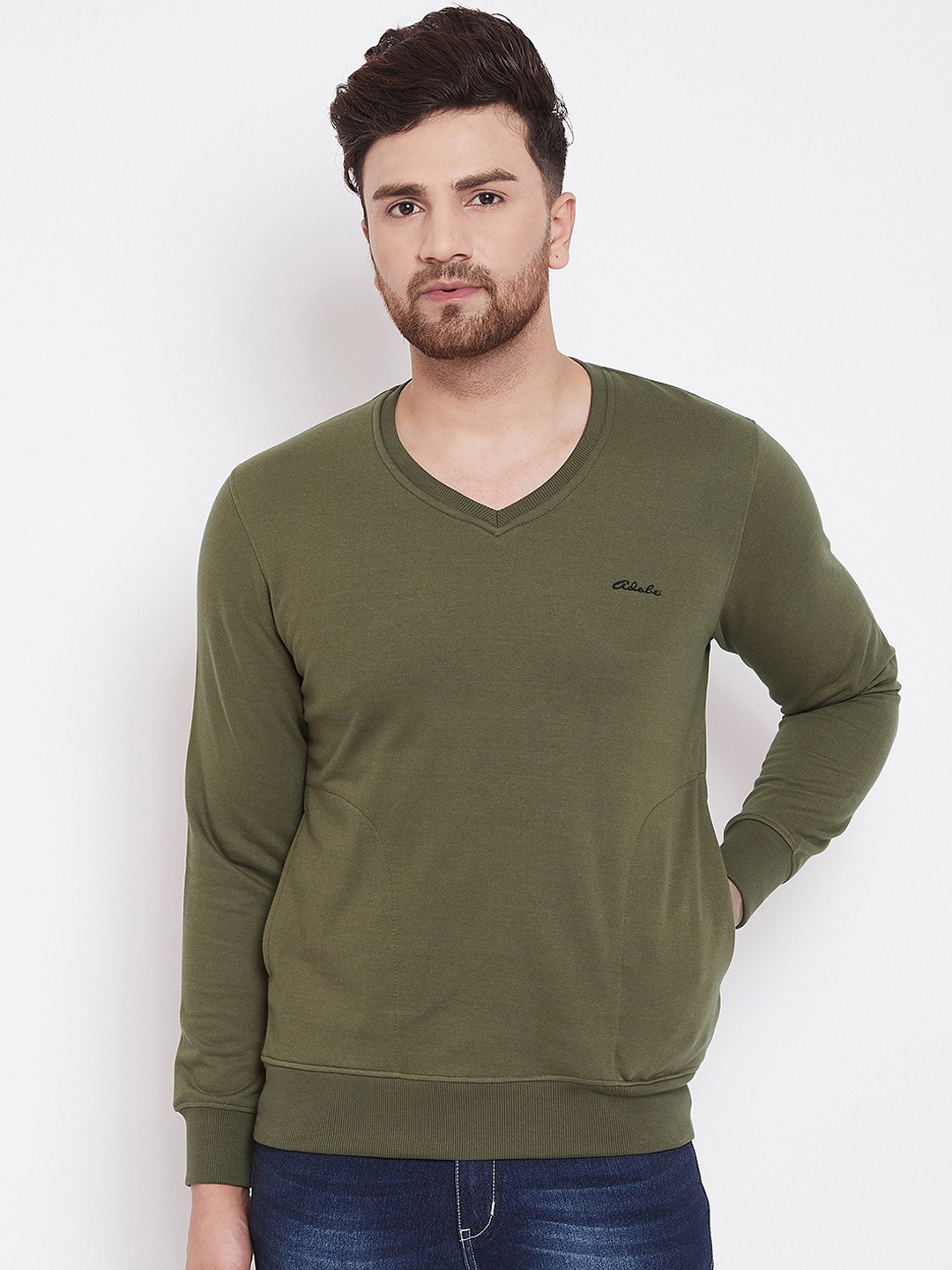 

Adobe Men Olive Green Solid Sweatshirt