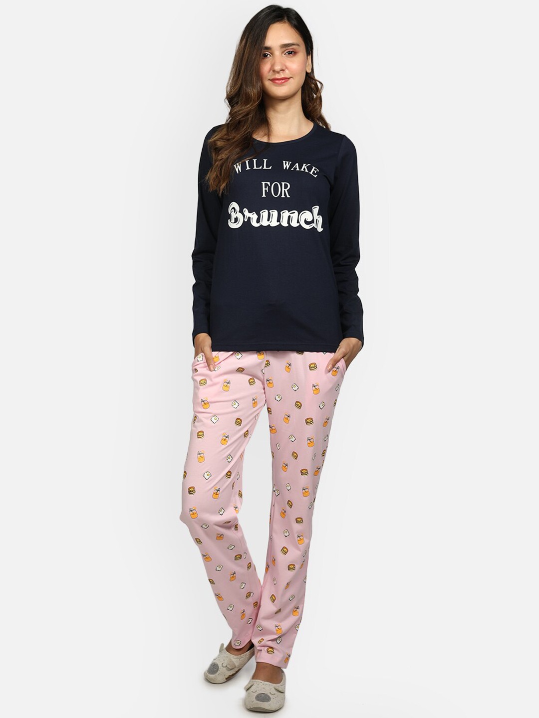 

Nite Flite Women Navy & Pink Printed Night Suit, Navy blue