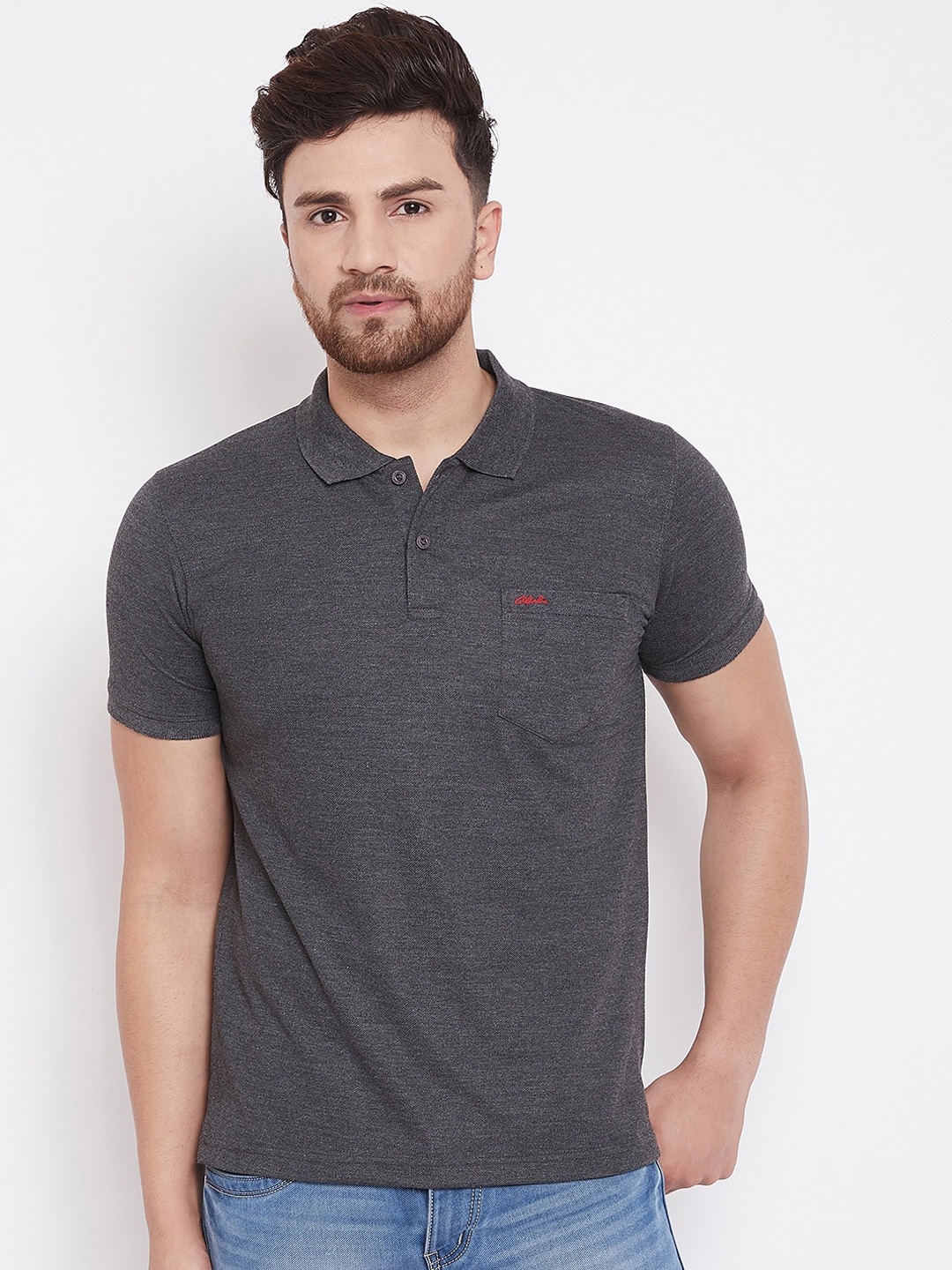 

Adobe Men Charcoal Grey Solid Polo Collar T-shirt