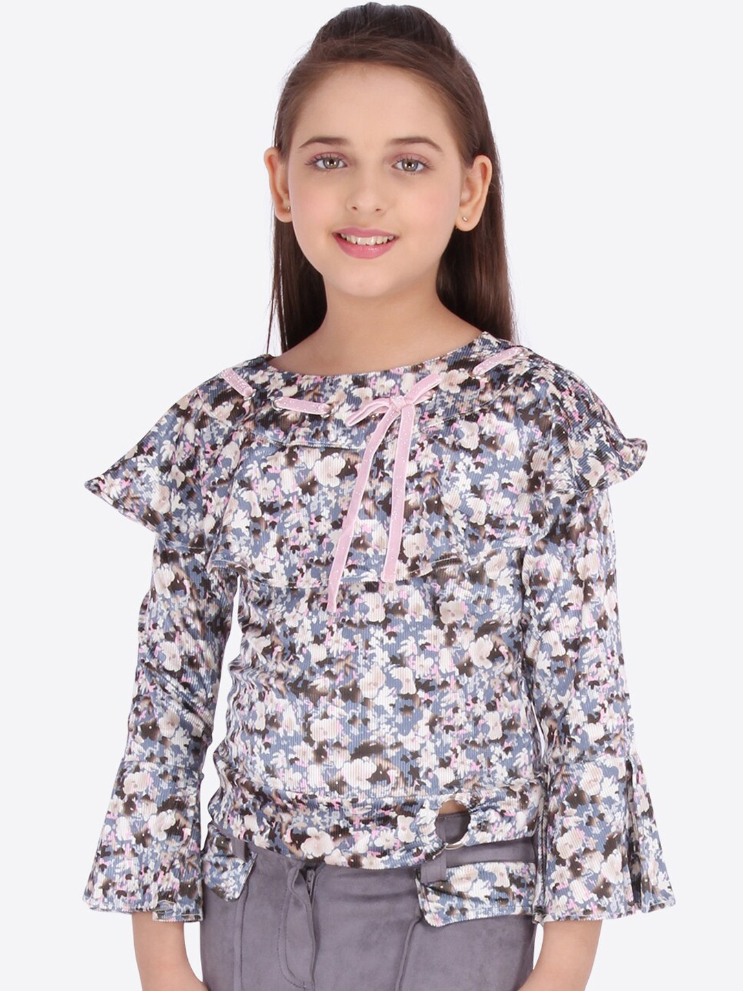 

CUTECUMBER Girls Grey Floral Printed Top, Blue