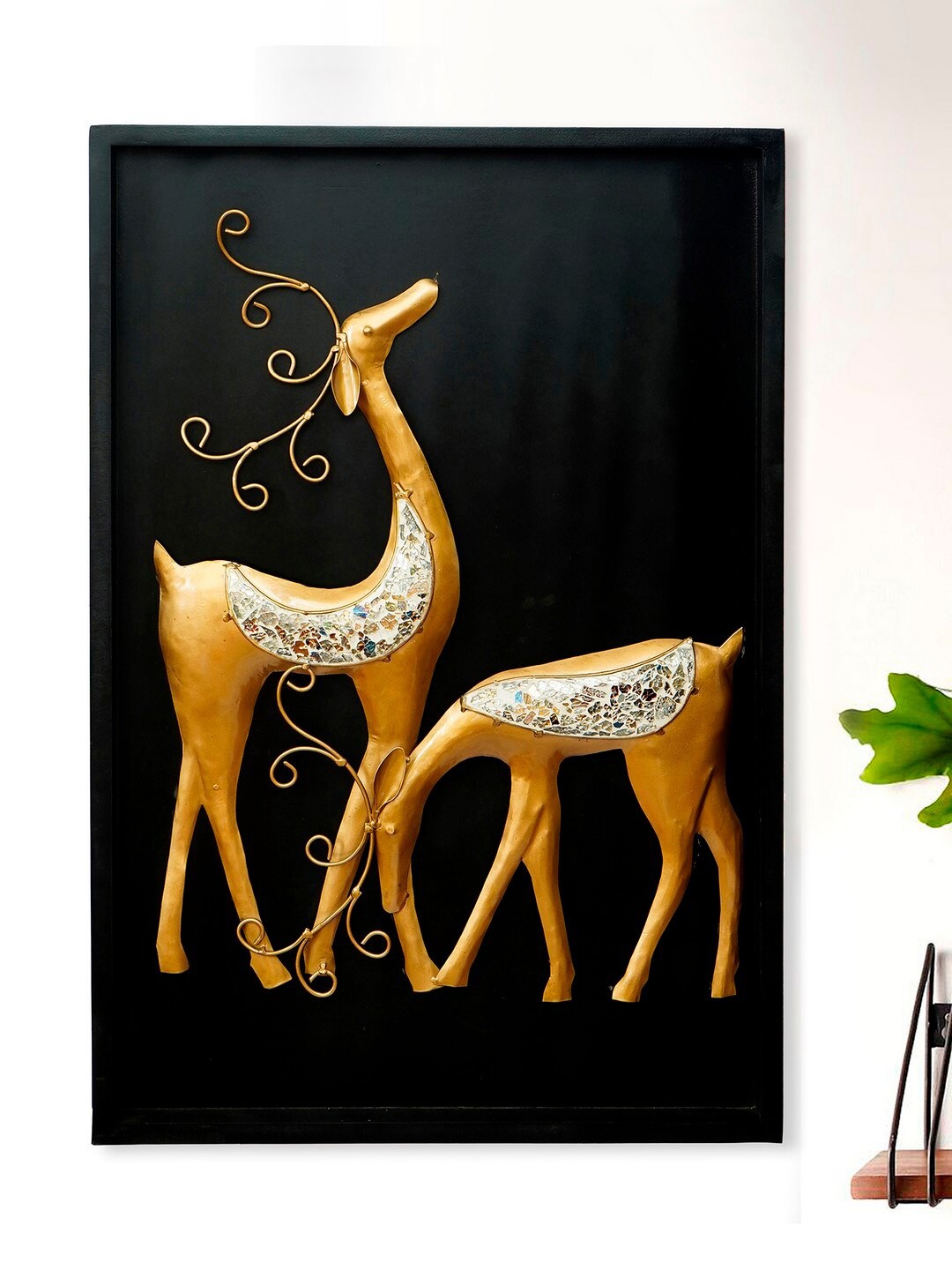

eCraftIndia Black & Gold-Toned Deer With Wooden Frame Handcrafted Wall Hanging