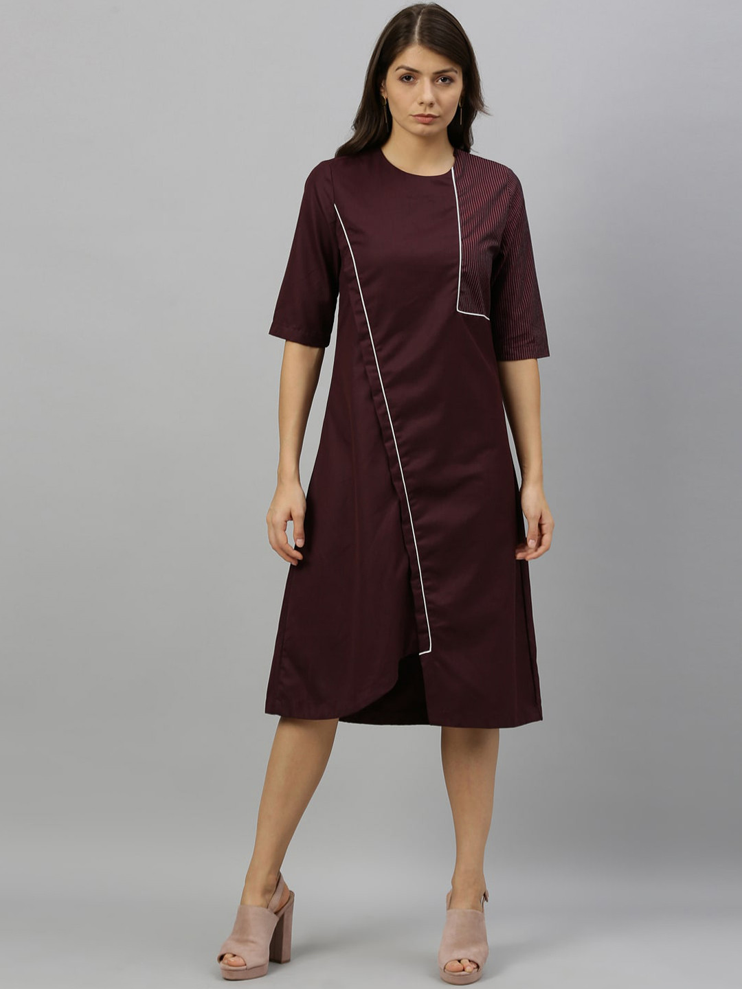 

RAREISM Women Burgundy Striped A-Line Dress