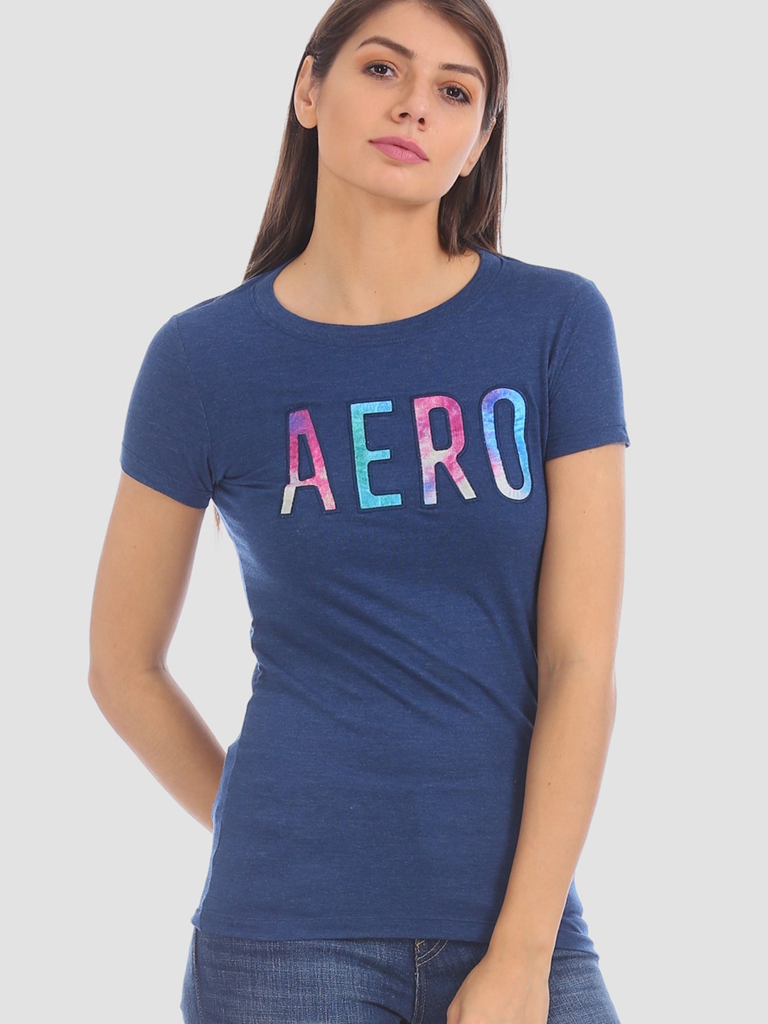 

Aeropostale Women Blue Printed Round Neck T-shirt