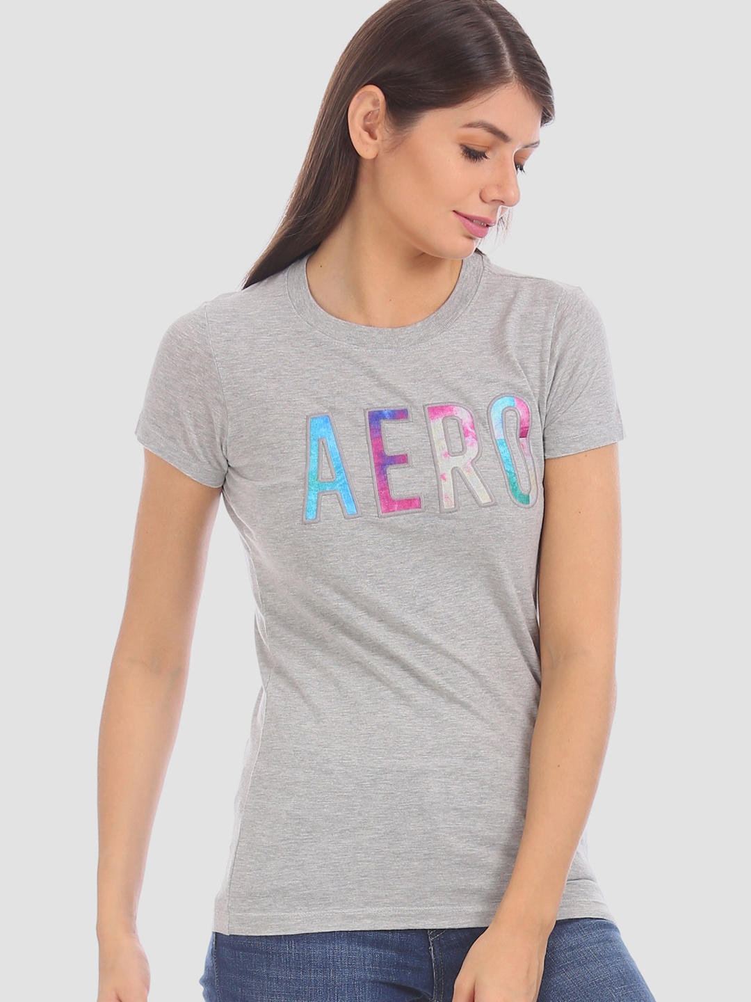 

Aeropostale Women Grey Printed Round Neck T-shirt