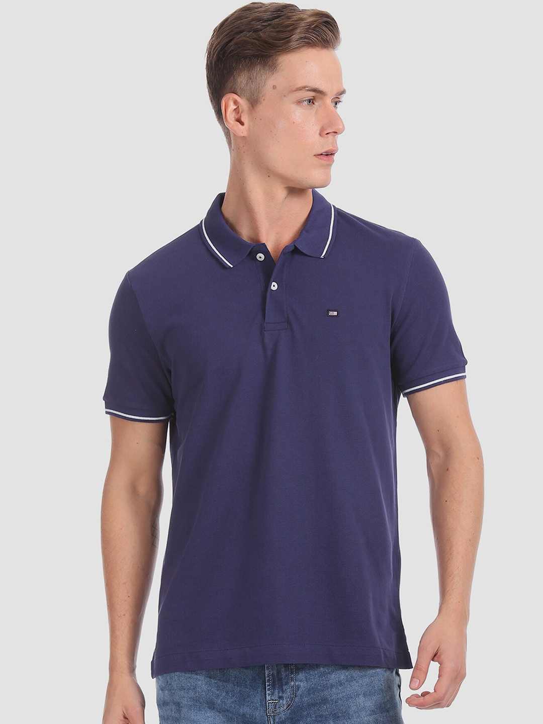 

Arrow Sport Men Blue Solid Polo Collar Pure Cotton T-shirt