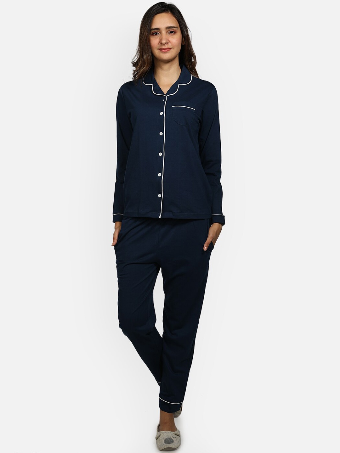 

Nite Flite Women Navy Blue Solid Picasso Night Suit