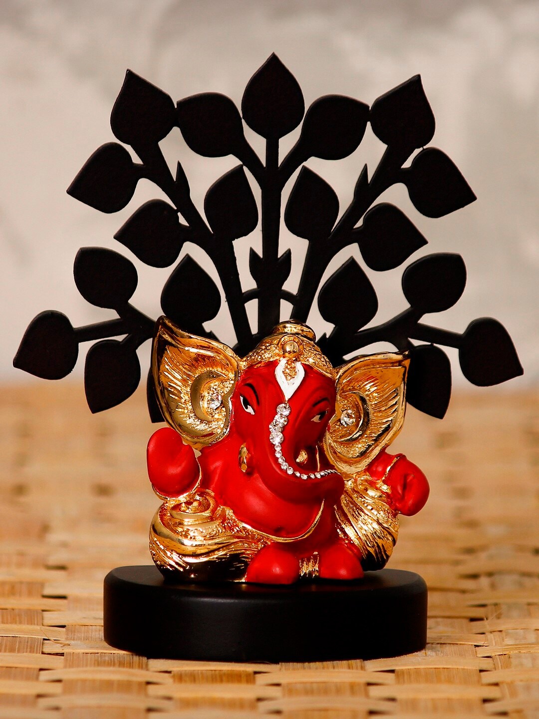 

eCraftIndia Gold-Plated Red & Black Kaan Ganesha With Wooden Tree Showpiece