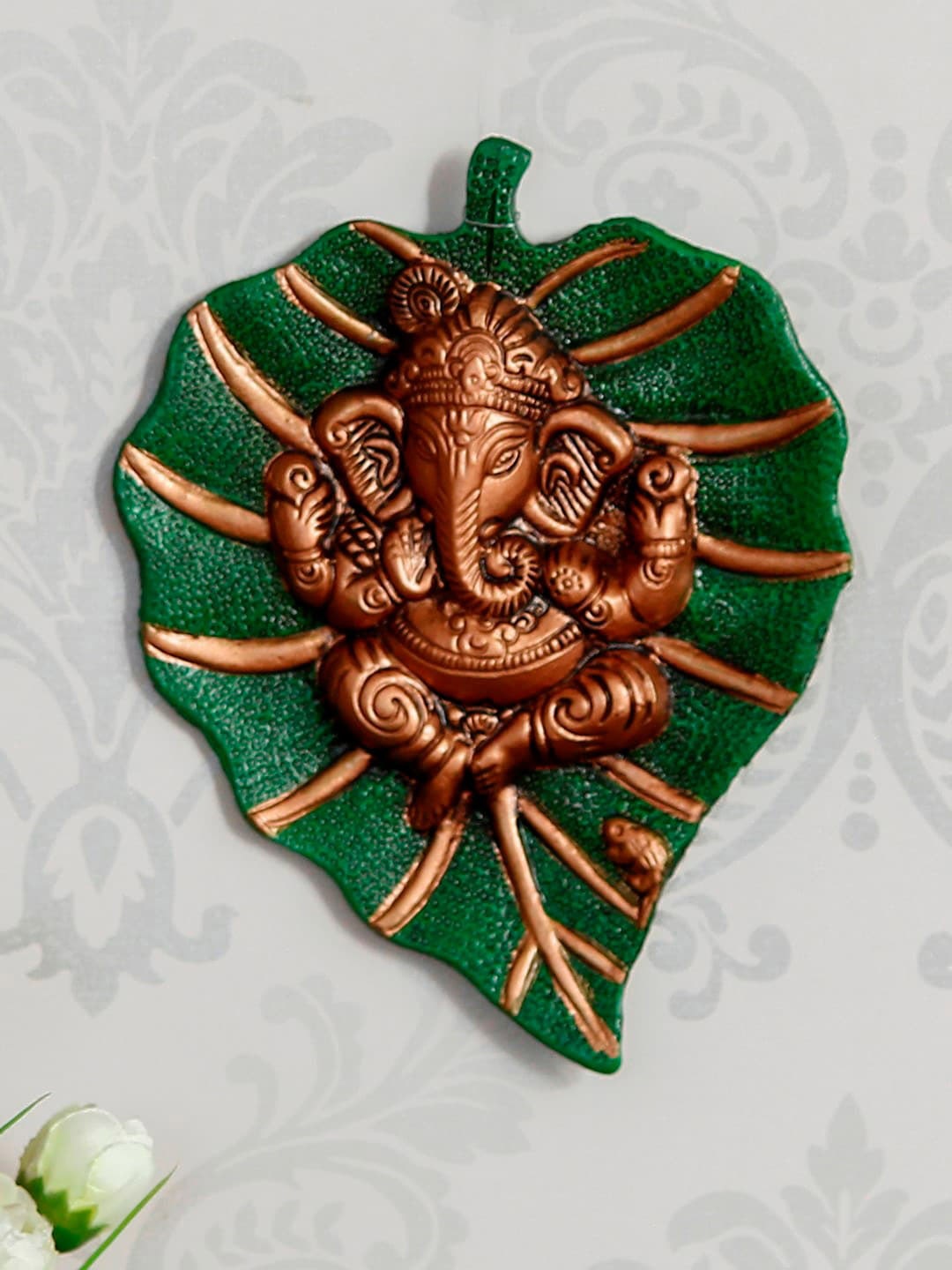 eCraftIndia Brown Lord Ganesha on Green Leaf Wall Hanging