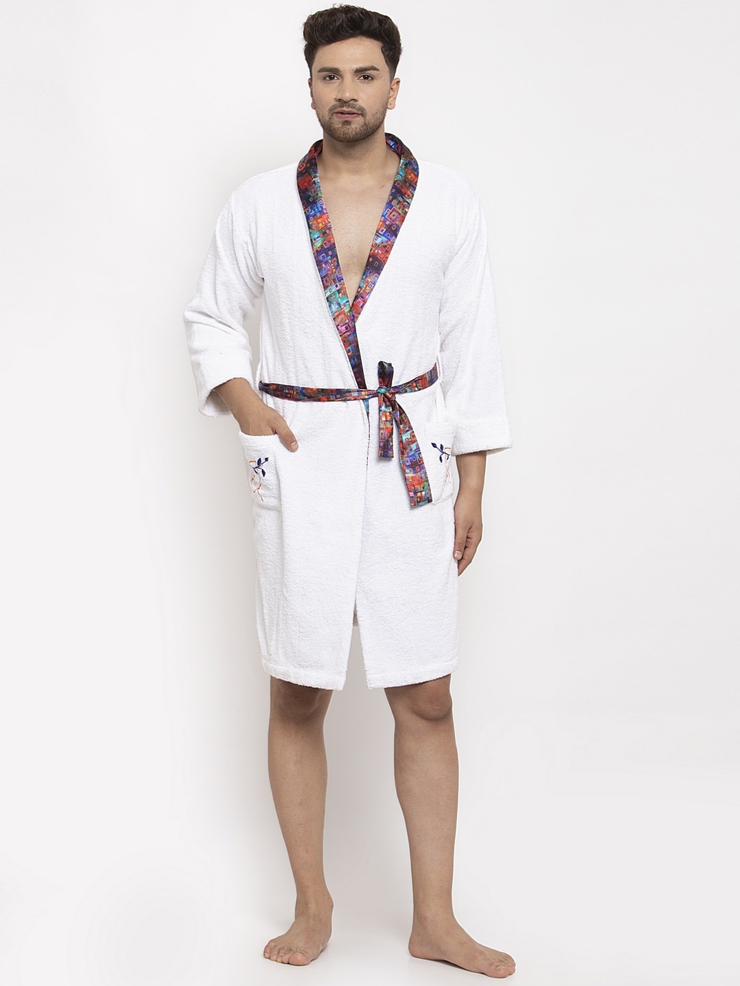

DECOREALM Men White & Blue Solid Bath Robe