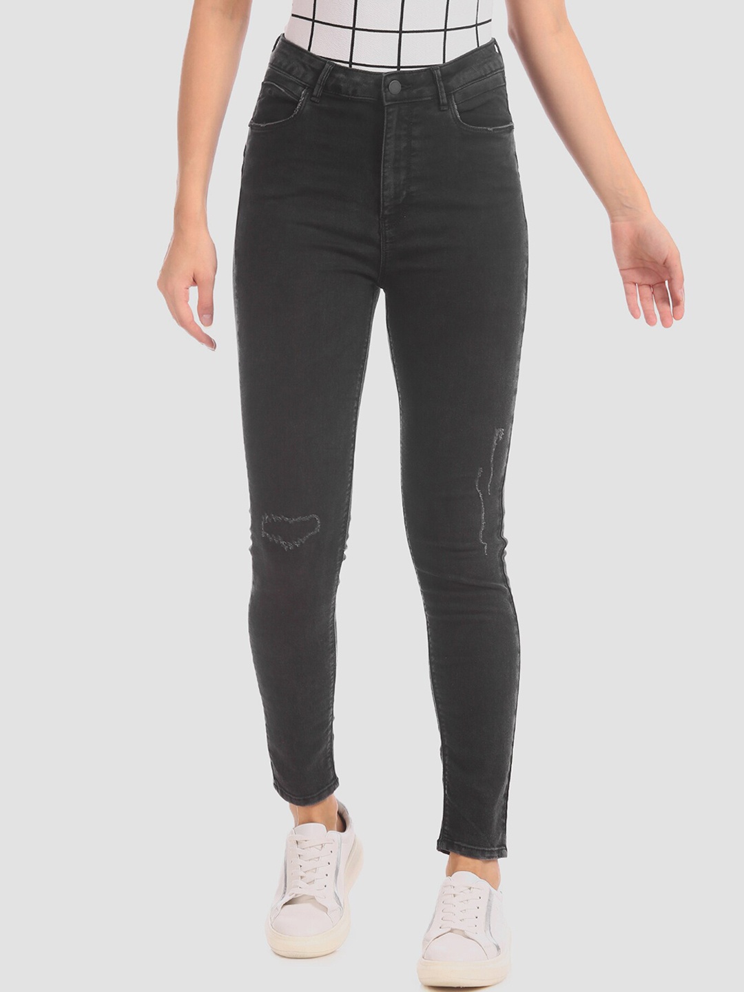 

Flying Machine Women Black Super Skinny Fit High-Rise Low Distress Jeans
