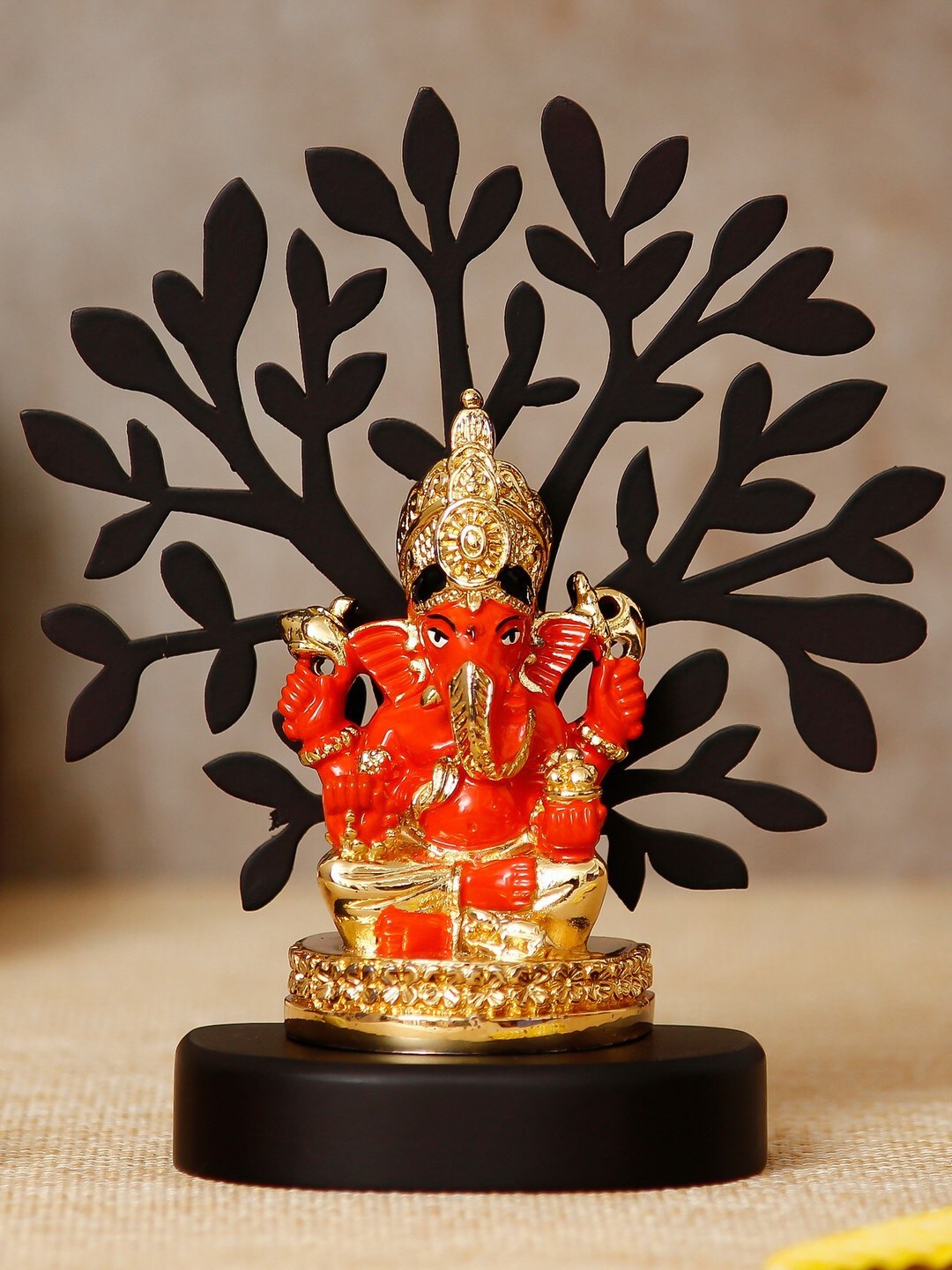 

eCraftIndia Gold-Plated & Orange Siddhivinayaka Ganesha with Wooden Tree