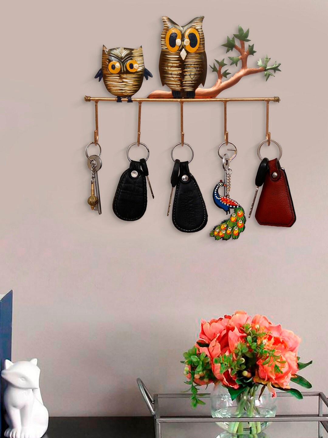 

eCraftIndia Unisex Bronw & Orange Handcrafted Owl Theme Tribal Art Iron Key Holder With 5 Hooks, Brown