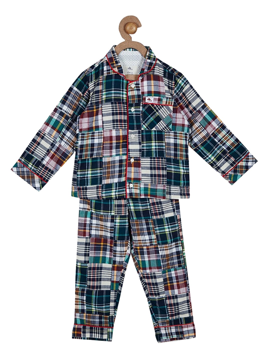 

Cherry Crumble Kids Green & Grey Checked Night suit