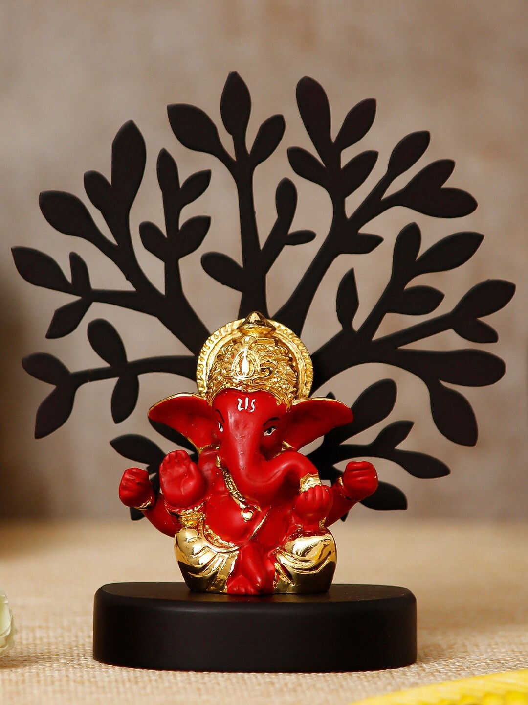 

eCraftIndia Gold-Plated & Red Mukut Ganesha with Wooden Tree Showpiece