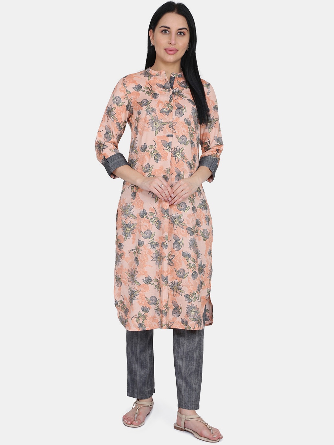 Be Indi Women Peach-Coloured & Grey Printed Kurta with Trousers