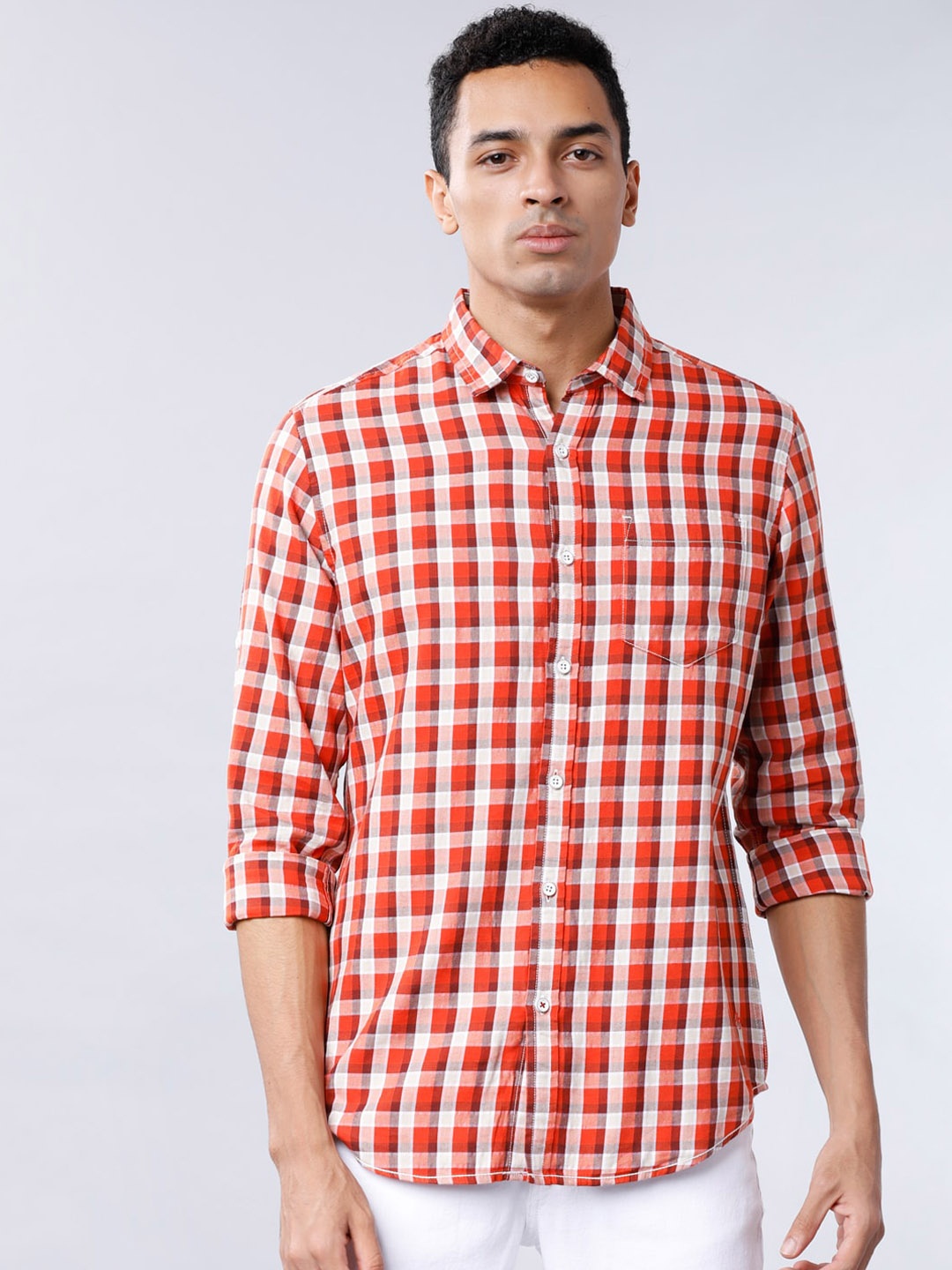 LOCOMOTIVE Men Rust Orange & Off-White Slim Fit Checked Casual Shirt