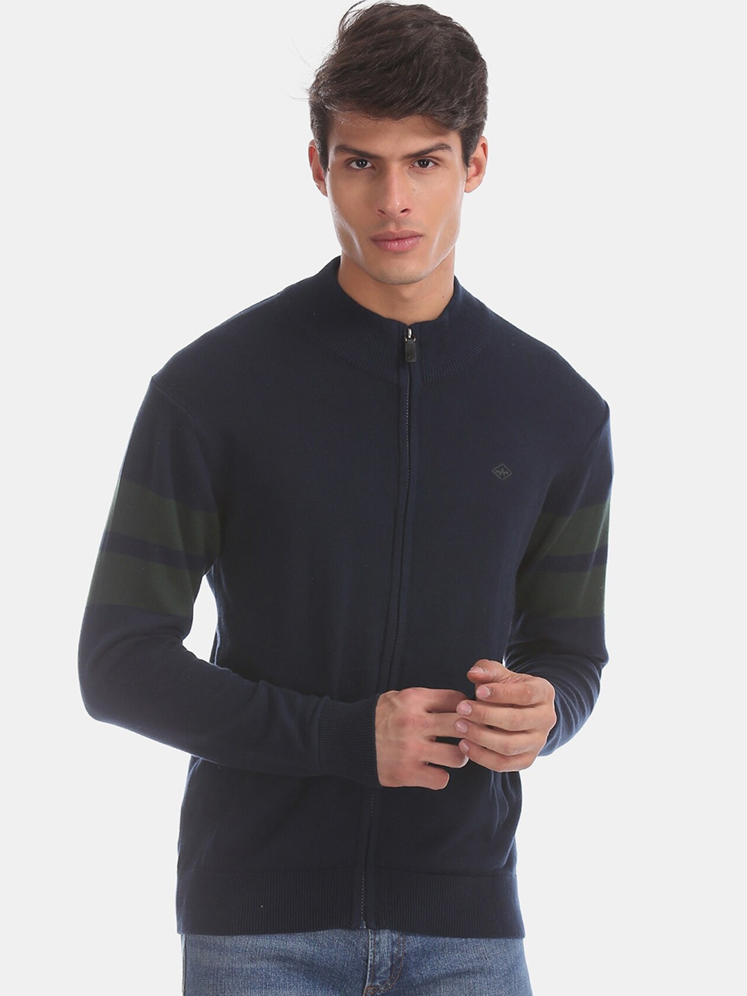 

Arrow Sport Men Navy Blue Solid Front-Open Sweater