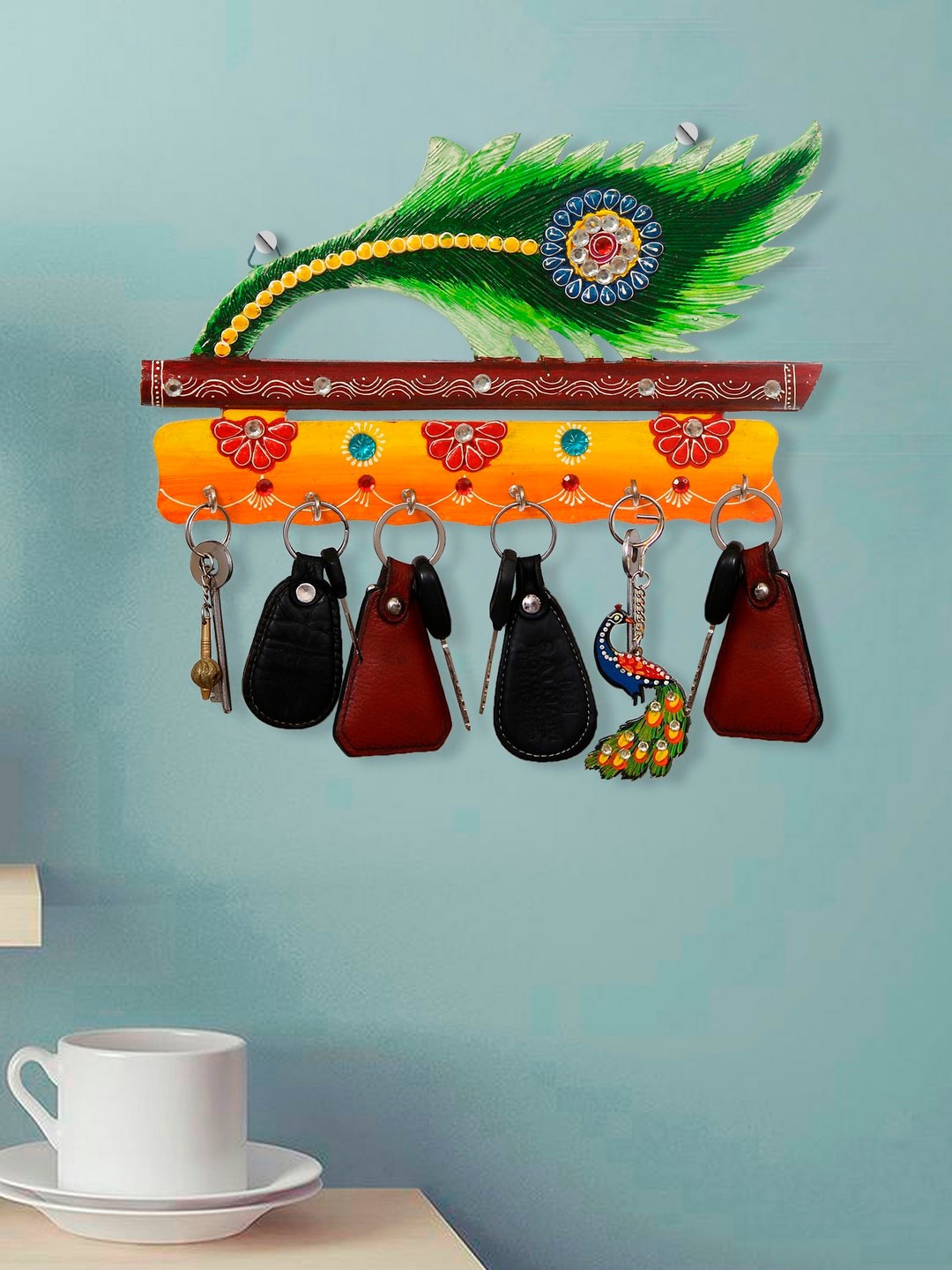 

eCraftIndia Unisex Green & Orange Wooden Peacock Feather Keyholders