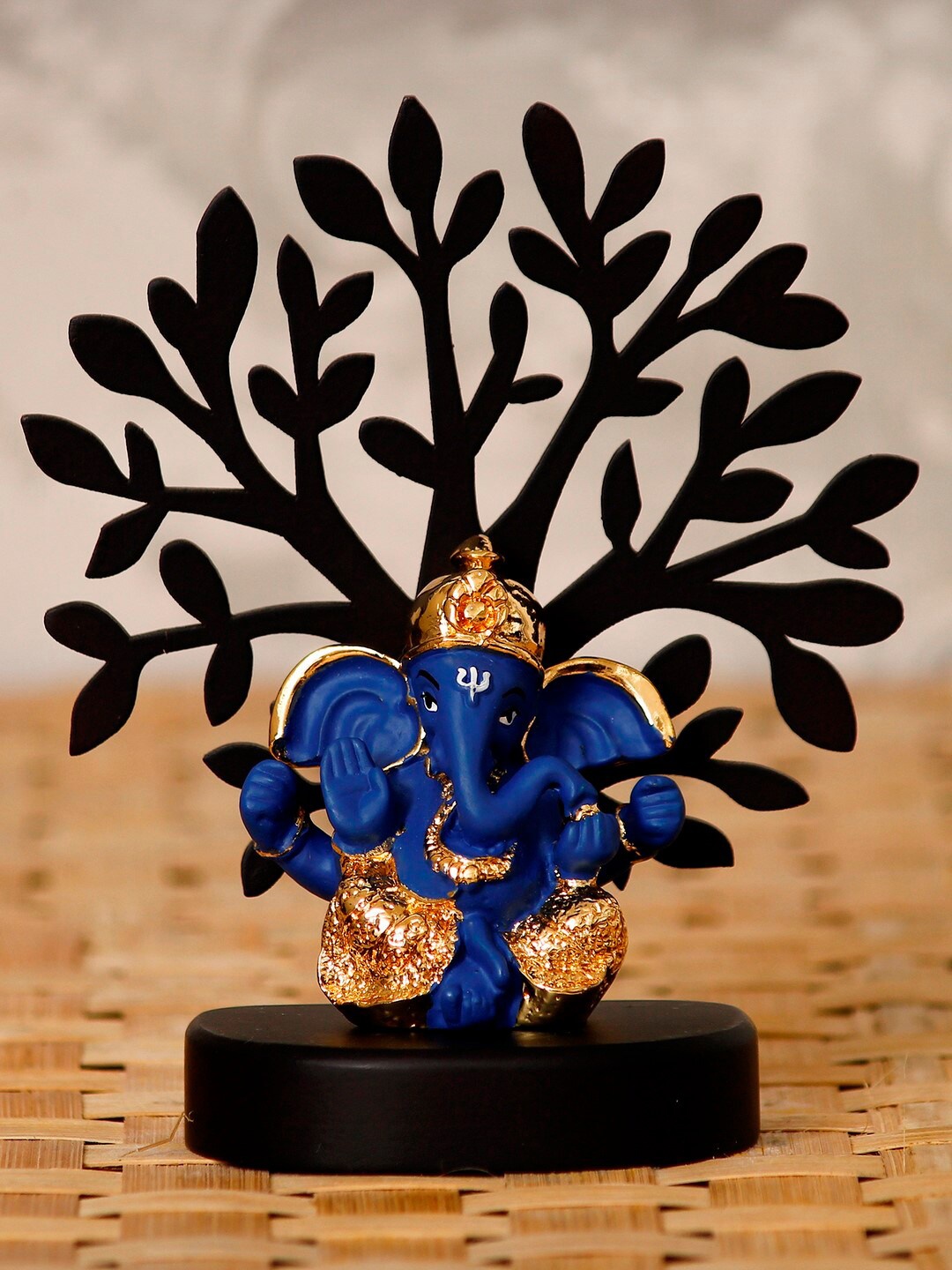 

eCraftIndia Gold-Plated Blue & Black Dhoti Ganesha With Wooden Tree Showpiece