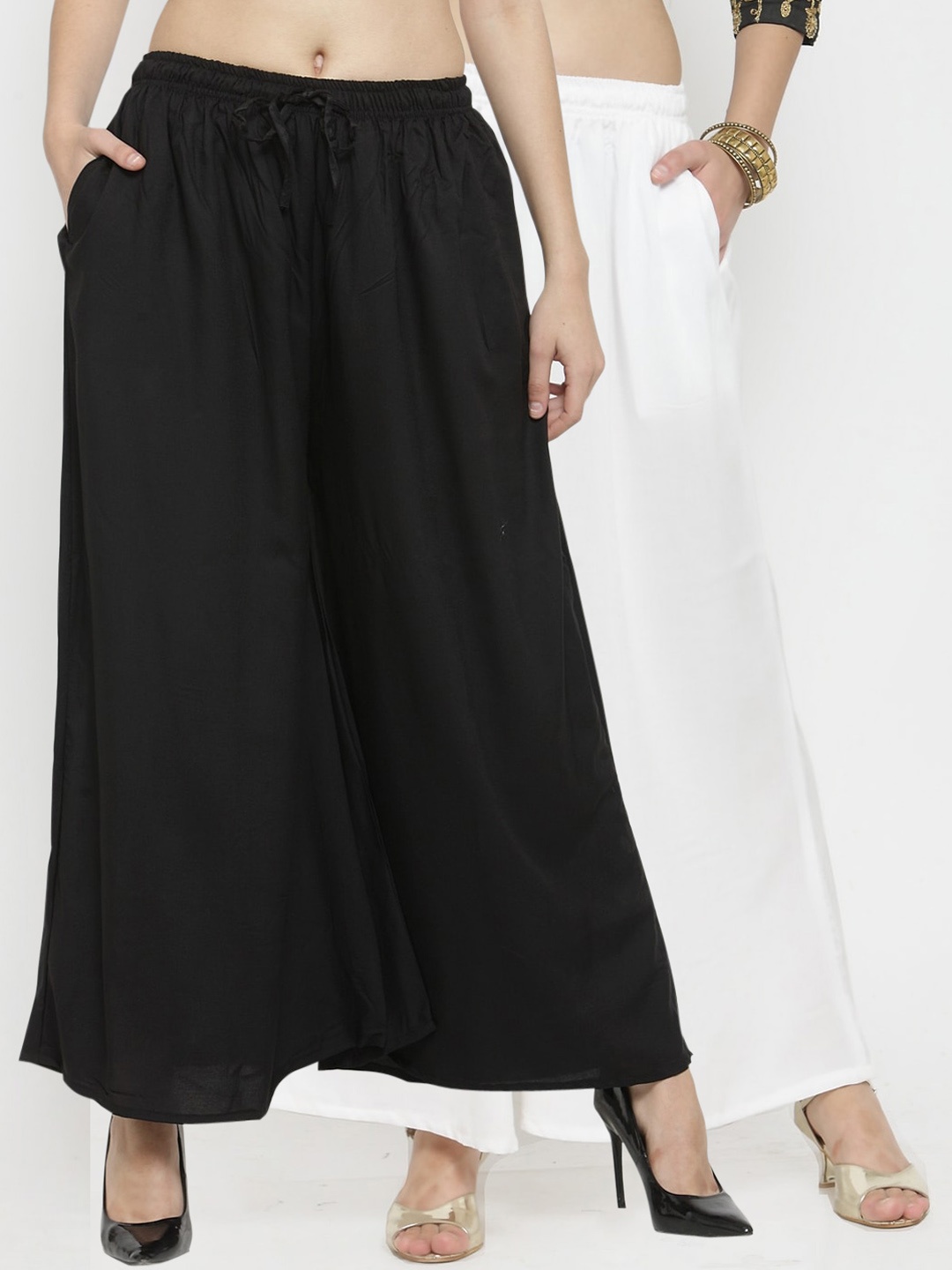 Clora Creation Women Pack of 2 Solid Wide Leg Palazzos, Black