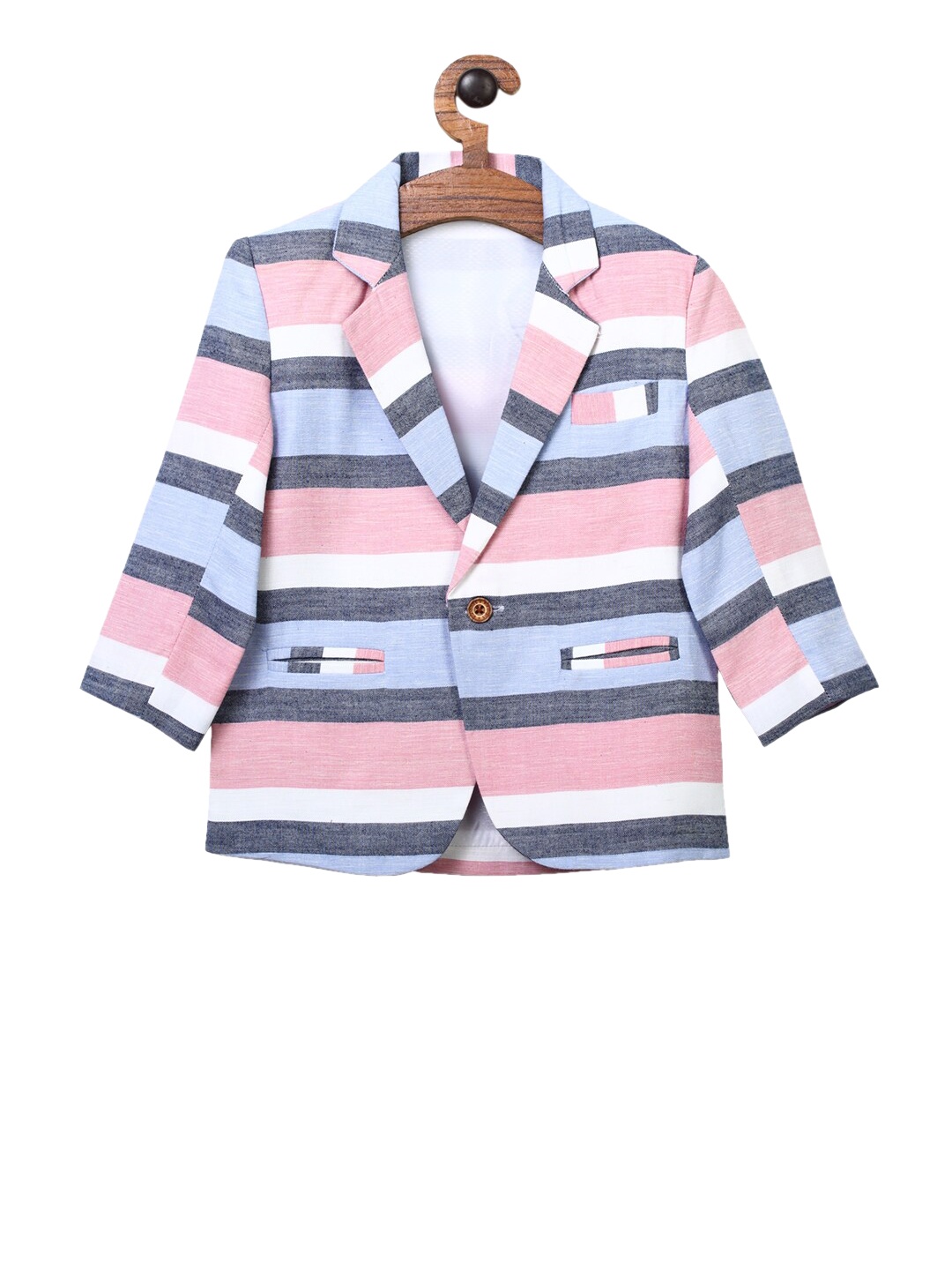 

RIKIDOOS Boys Pink & Navy Blue Striped Comfort-Fit Single-Breasted Casual Blazer