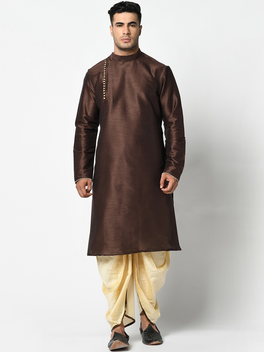 

DEYANN Men Brown & Cream-Coloured Solid Kurta with Dhoti Pants