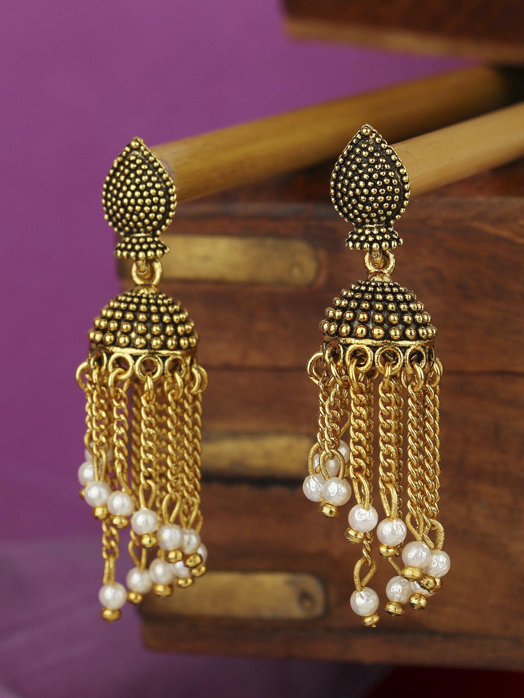 

ANIKAS CREATION White Gold Plated Handcrafted Dome Shaped Drop Earrings