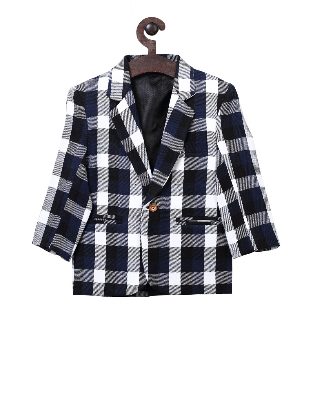 

RIKIDOOS Boys Navy Blue & Black Checked Comfort-Fit Single-Breasted Blazer