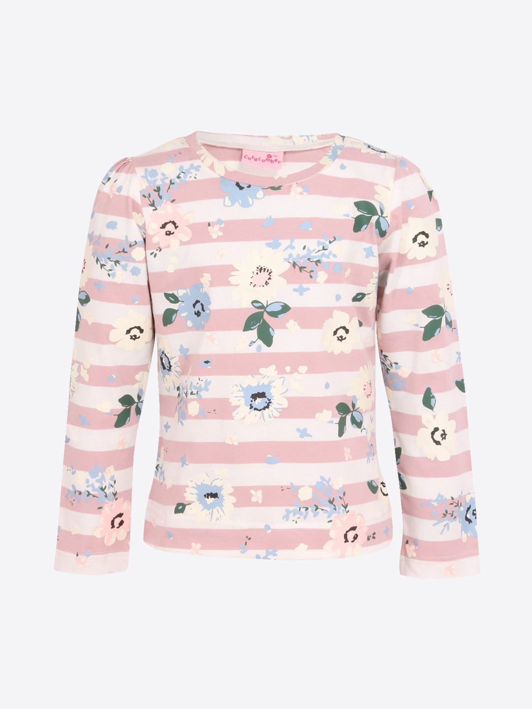 

CUTECUMBER Girls Pink Striped Round Neck T-shirt