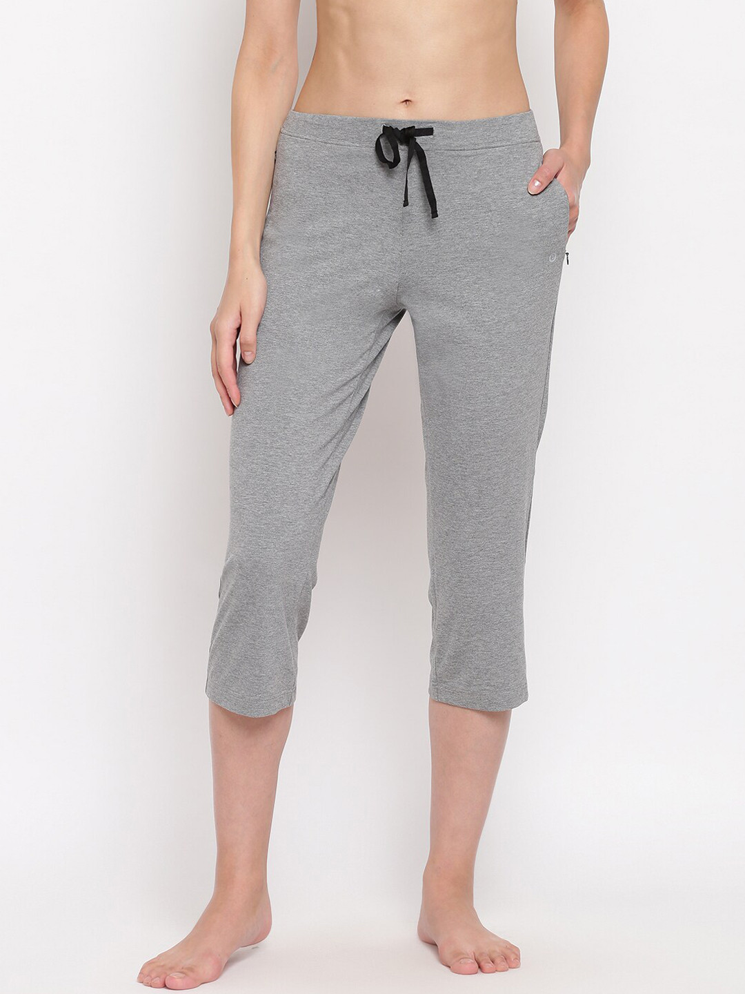 

Enamor E018 Mid-Rise Straight Leg Lounge Capris for Women with Drawstring & Zipper Pockets, Grey melange