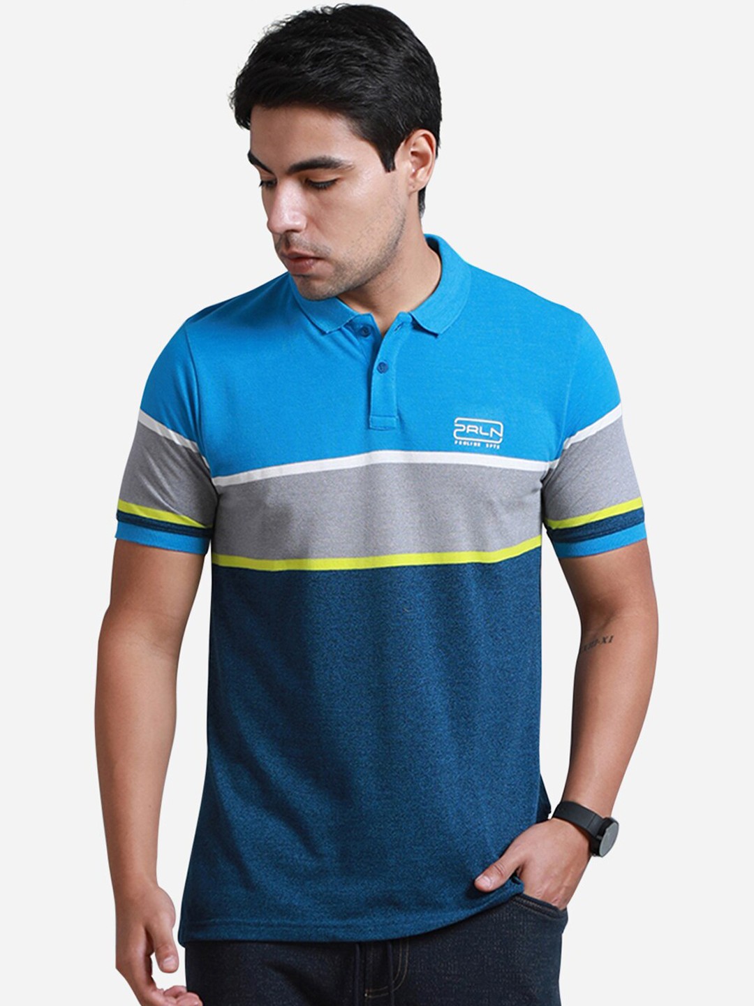 

Proline Active Men Blue Striped Mandarin Collar T-shirt