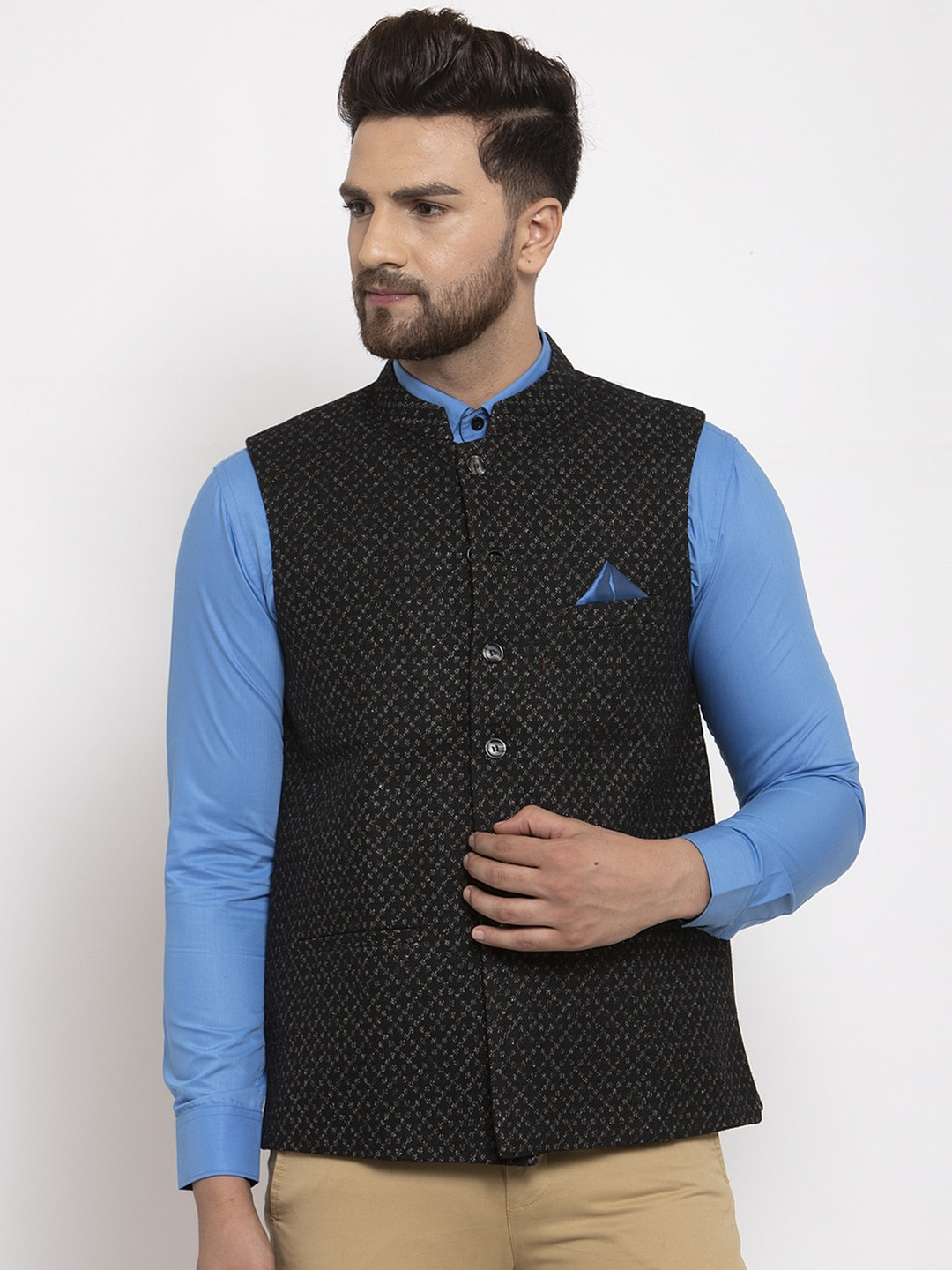 

NEUDIS Men Black Woven-Design Woolen Nehru Jacket