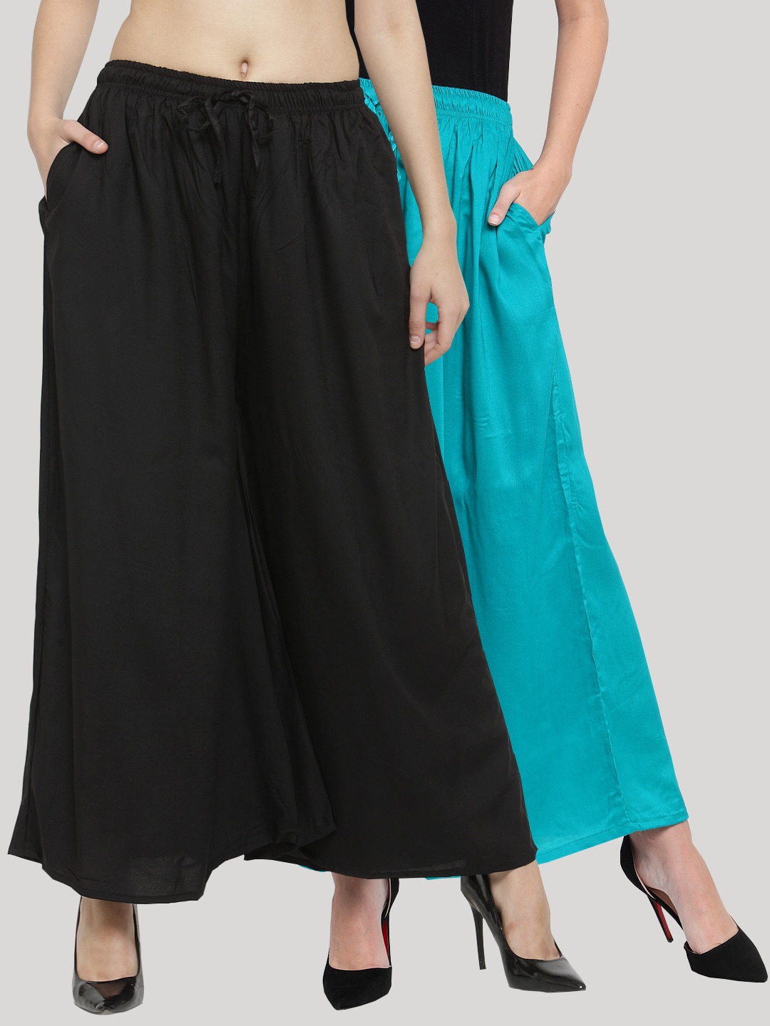 

Clora Creation Women Pack Of 2 Black & Blue Solid Flared Palazzos