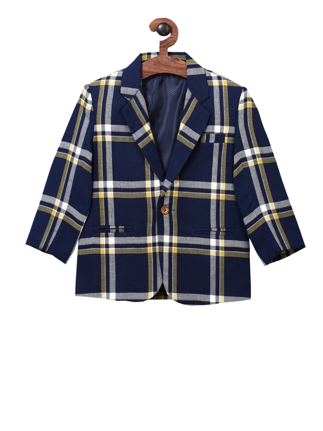 

RIKIDOOS Boys Navy Blue & Yellow Checked Comfort-Fit Single-Breasted Blazer