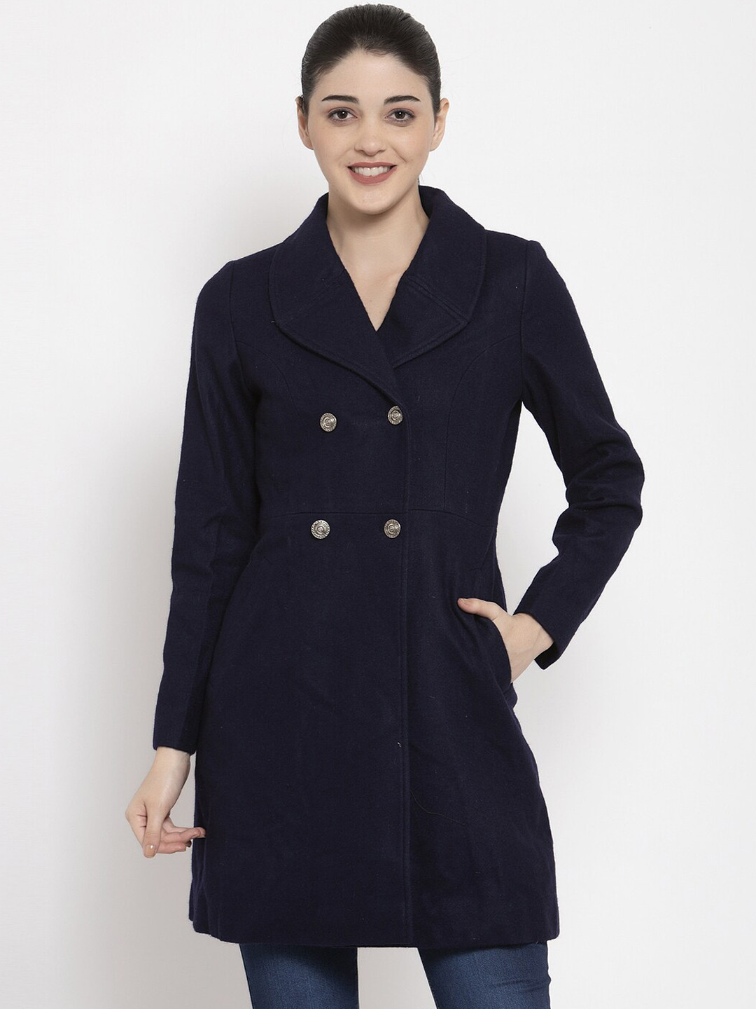 

Owncraft Women Navy Blue Solid Double Breasted Longline Overcoat