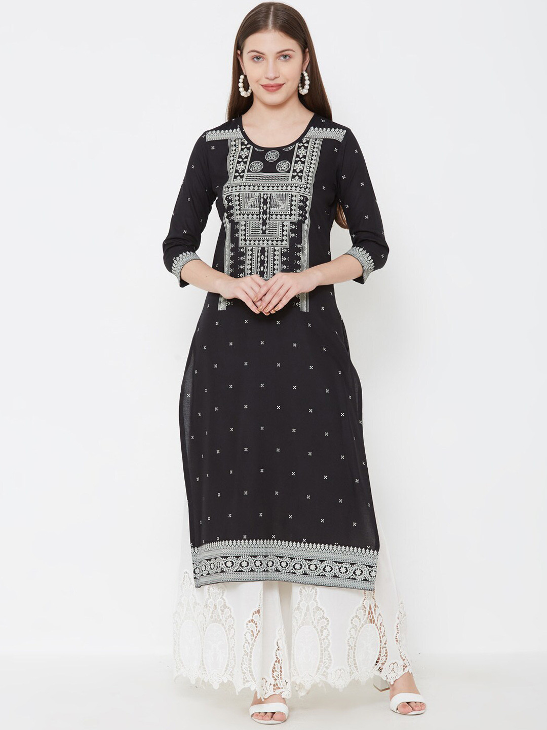 

FASHOR Women Black Printed Straight Kurta