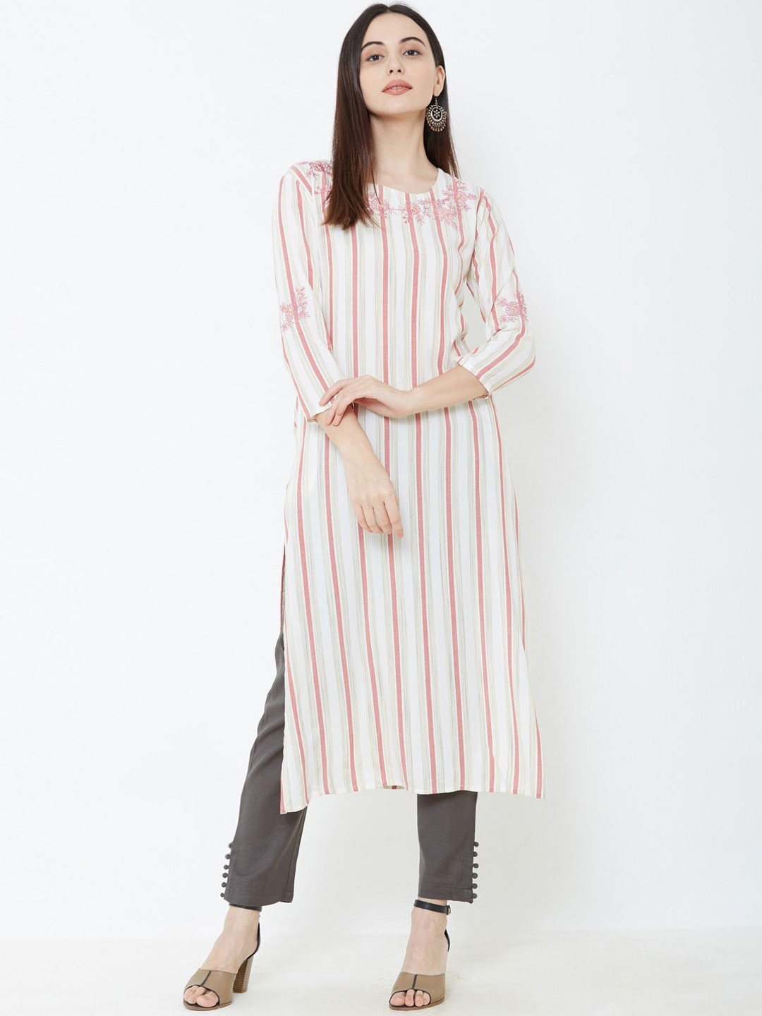 

FASHOR Women Off-White & Peach-Coloured Striped Straight Kurta