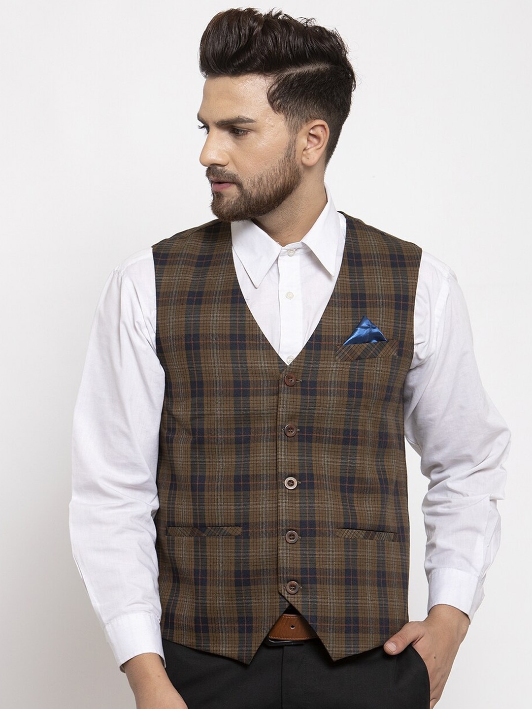 

NEUDIS Men Olive Brown Checked Waistcoat