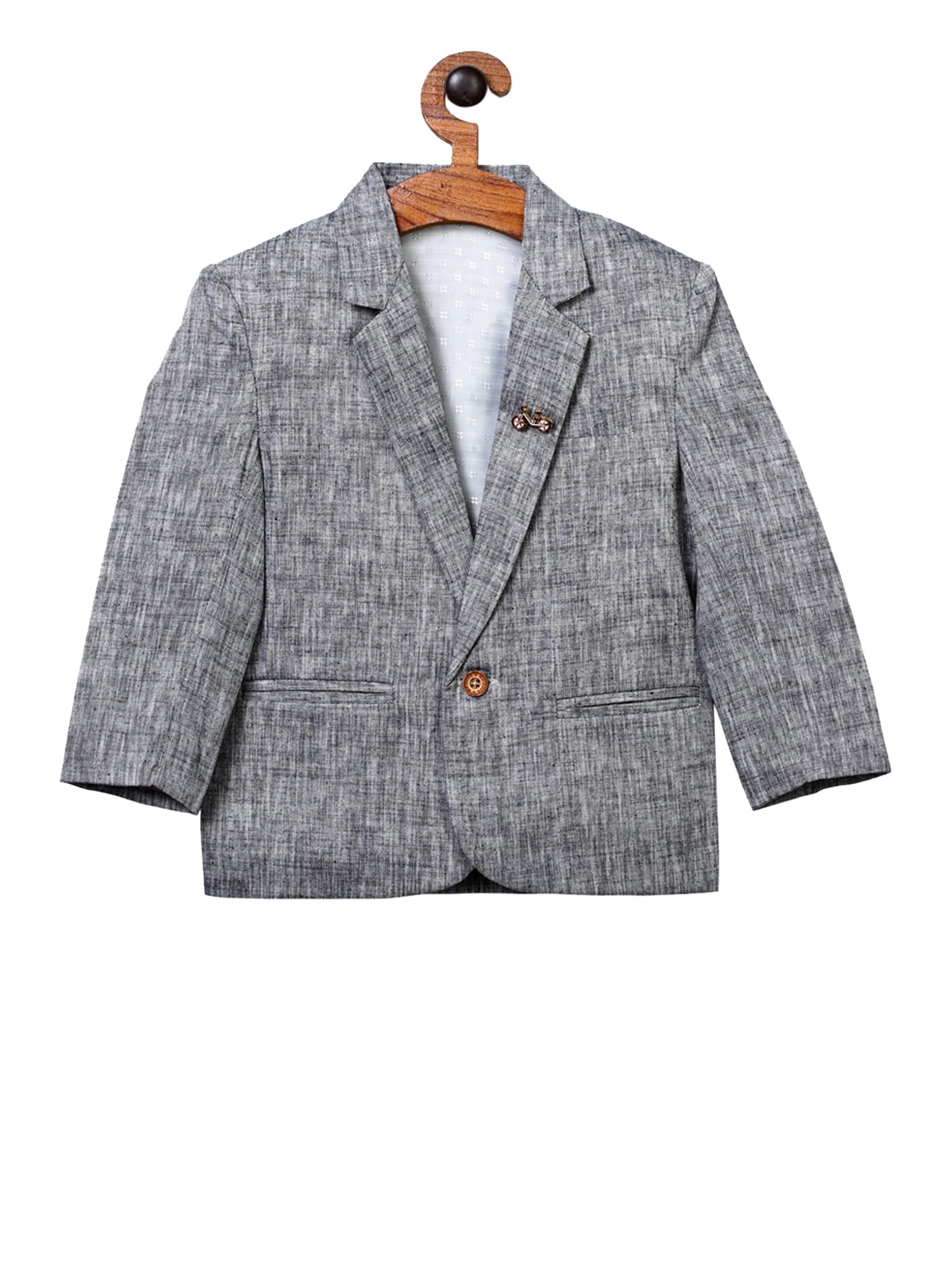 

RIKIDOOS Boys Grey Solid Comfort Fit Single-Breasted Blazer