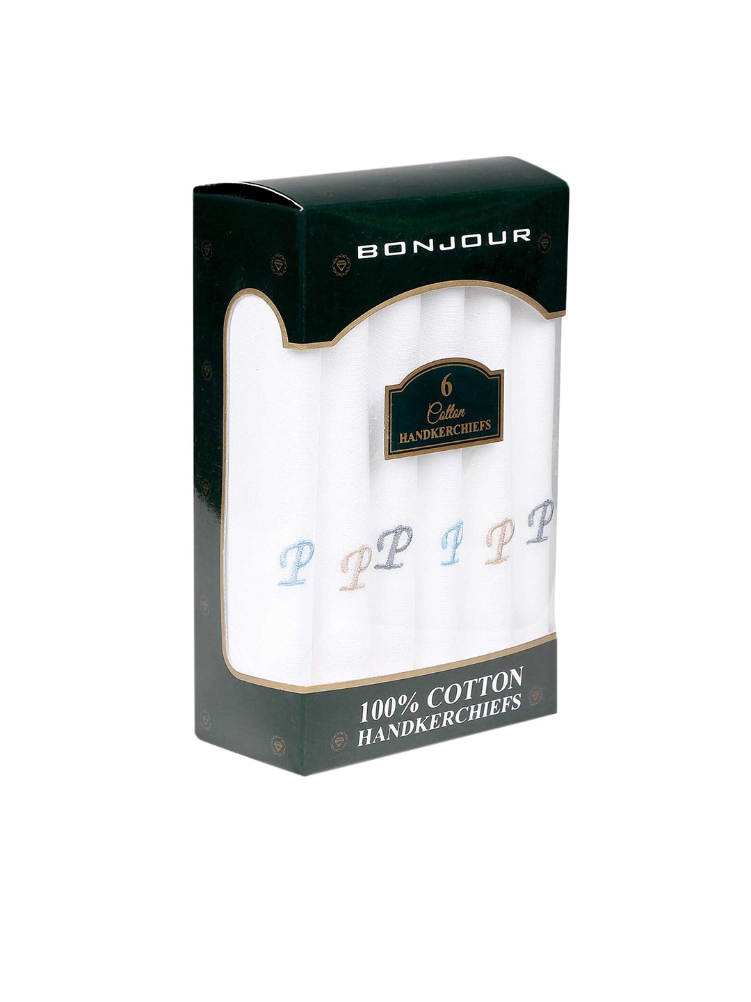 

Bonjour Men White Pack of 6 Handkerchief with Initials