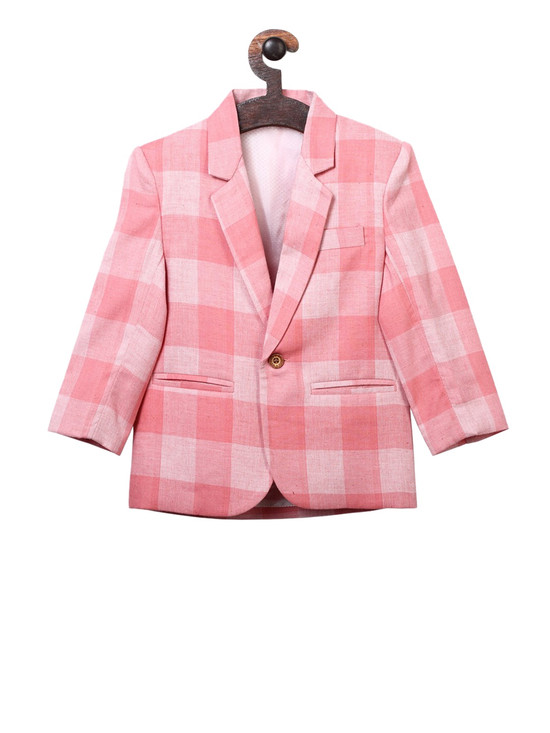 

RIKIDOOS Boys Peach-Coloured & Pink Checked Comfort-Fit Single-Breasted Blazer