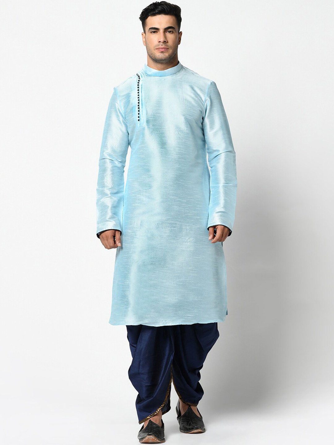 DEYANN Men Sea Green & Navy Blue Solid Kurta with Dhoti Pants