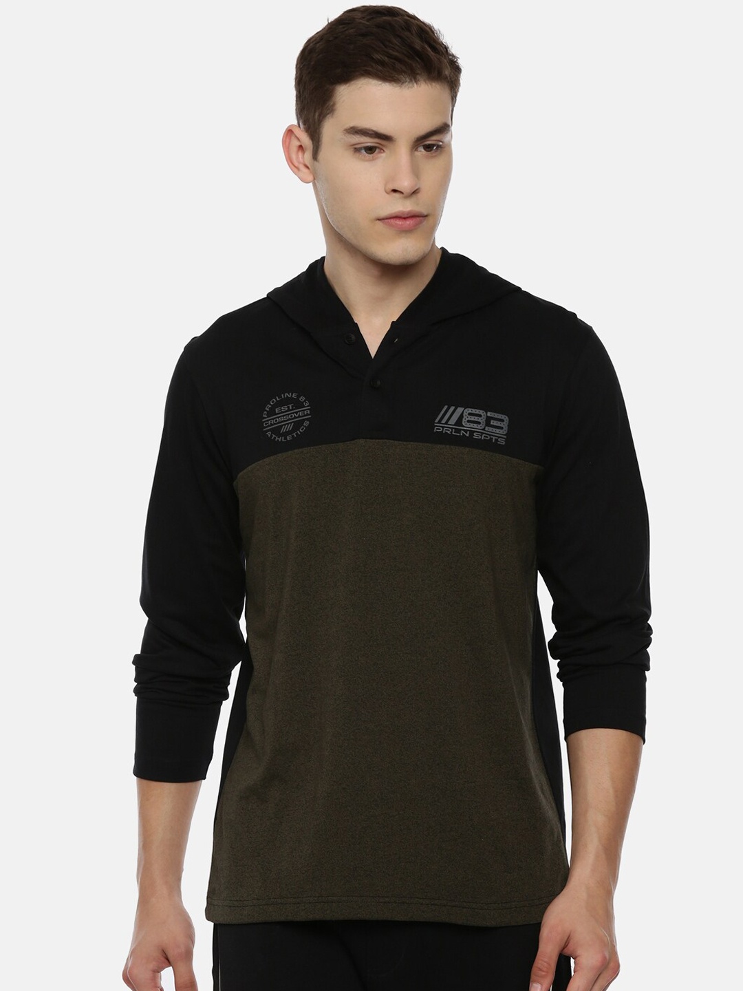 

Proline Active Men Black Olive Brown Colourblocked Hood Pure Cotton T-shirt