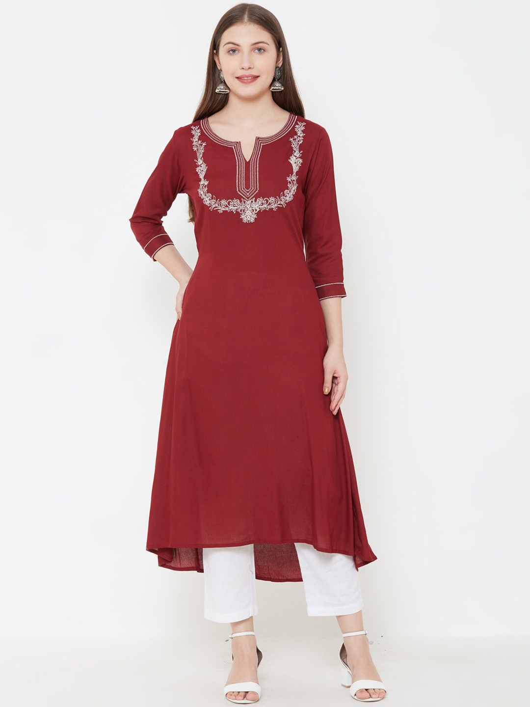 

FASHOR Women Maroon & Gold-Coloured Yoke Design Embroidered A-Line Kurta