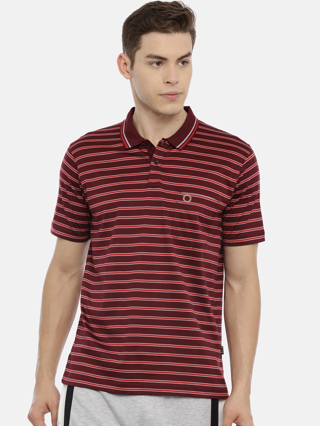 

Proline Active Men Maroon Striped Polo Collar Pure Cotton T-shirt