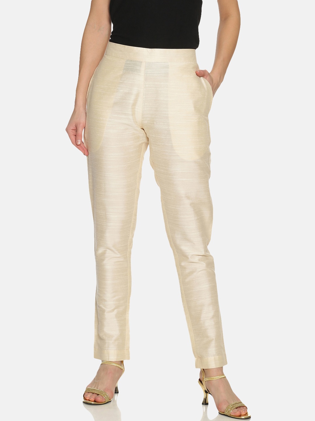 

Saffron Threads Women Off-White Regular Fit Rayon Slub Trousers