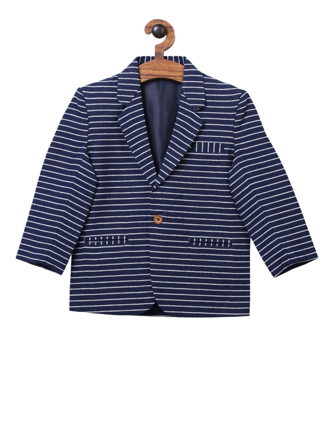 

RIKIDOOS Boys Navy Blue & White Striped Comfort-Fit Single-Breasted Casual Blazer