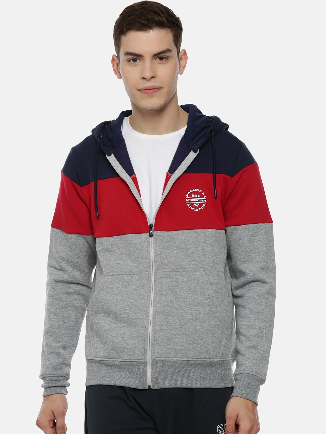 

Proline Active Men Grey Melange & Red Colourblocked Hooded Sweatshirt